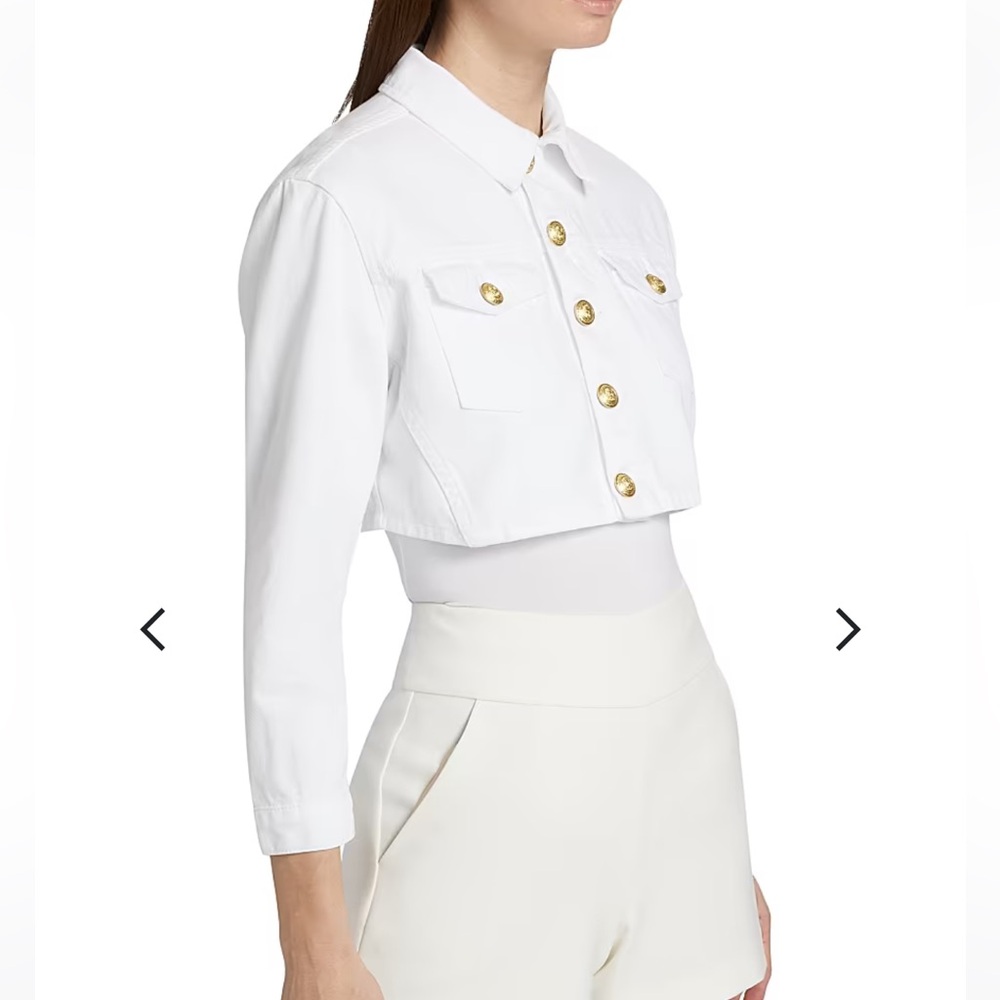 NWOT L’AGENCE Genevie Cropped Denim Jacket Blanc White Gold Dome Buttons Size M - Picture 5 of 7